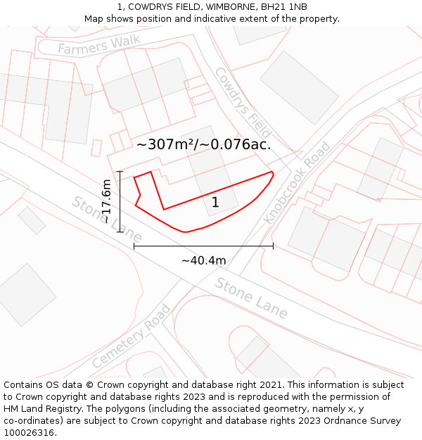 1, COWDRYS FIELD, WIMBORNE, BH21 1NB: Plot and title map