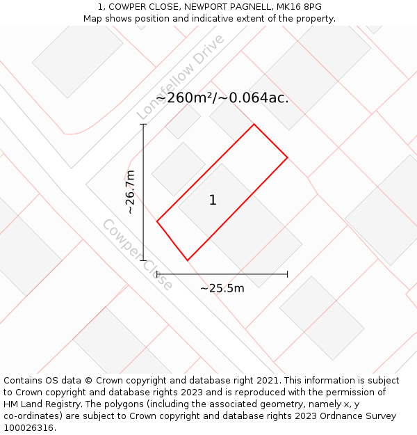 1, COWPER CLOSE, NEWPORT PAGNELL, MK16 8PG: Plot and title map