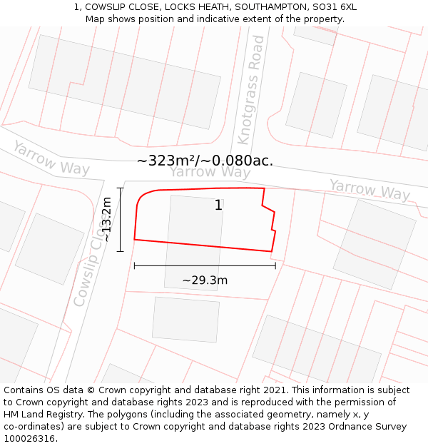 1, COWSLIP CLOSE, LOCKS HEATH, SOUTHAMPTON, SO31 6XL: Plot and title map