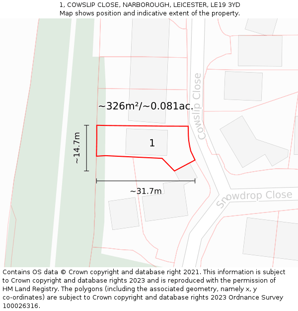 1, COWSLIP CLOSE, NARBOROUGH, LEICESTER, LE19 3YD: Plot and title map