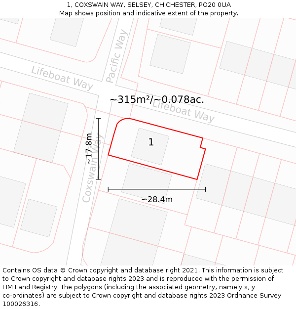 1, COXSWAIN WAY, SELSEY, CHICHESTER, PO20 0UA: Plot and title map