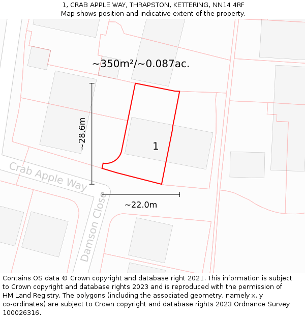 1, CRAB APPLE WAY, THRAPSTON, KETTERING, NN14 4RF: Plot and title map