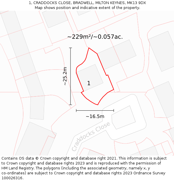 1, CRADDOCKS CLOSE, BRADWELL, MILTON KEYNES, MK13 9DX: Plot and title map