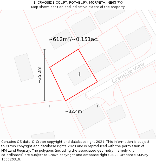 1, CRAGSIDE COURT, ROTHBURY, MORPETH, NE65 7YX: Plot and title map