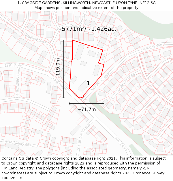 1, CRAGSIDE GARDENS, KILLINGWORTH, NEWCASTLE UPON TYNE, NE12 6GJ: Plot and title map