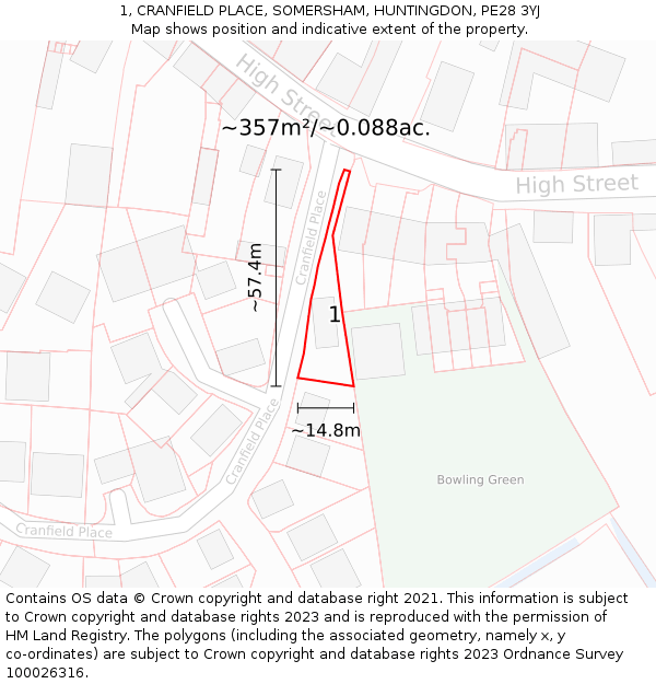 1, CRANFIELD PLACE, SOMERSHAM, HUNTINGDON, PE28 3YJ: Plot and title map