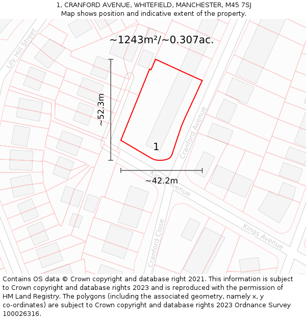 1, CRANFORD AVENUE, WHITEFIELD, MANCHESTER, M45 7SJ: Plot and title map