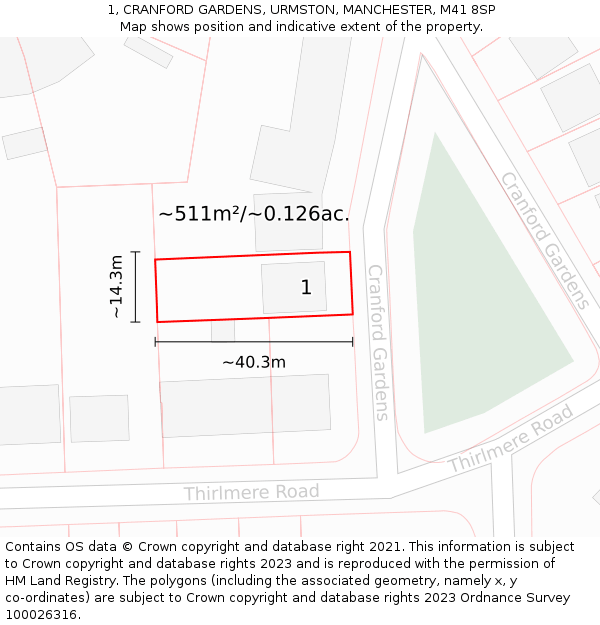 1, CRANFORD GARDENS, URMSTON, MANCHESTER, M41 8SP: Plot and title map