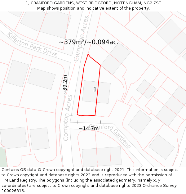 1, CRANFORD GARDENS, WEST BRIDGFORD, NOTTINGHAM, NG2 7SE: Plot and title map