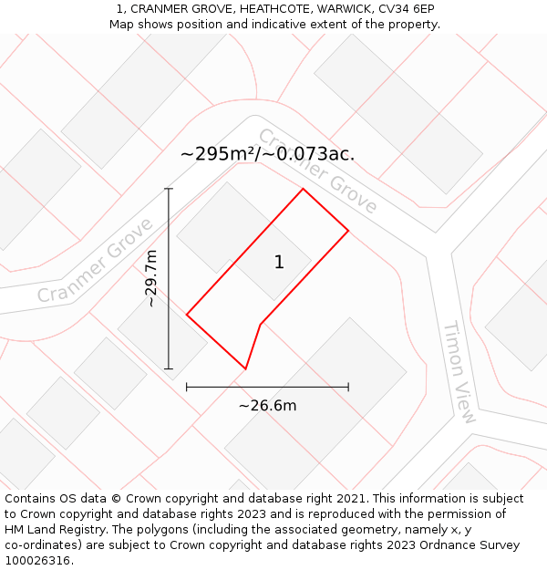 1, CRANMER GROVE, HEATHCOTE, WARWICK, CV34 6EP: Plot and title map