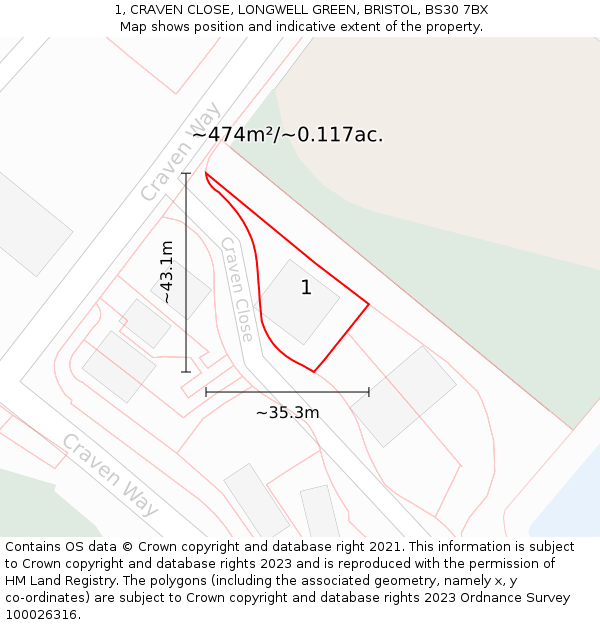 1, CRAVEN CLOSE, LONGWELL GREEN, BRISTOL, BS30 7BX: Plot and title map