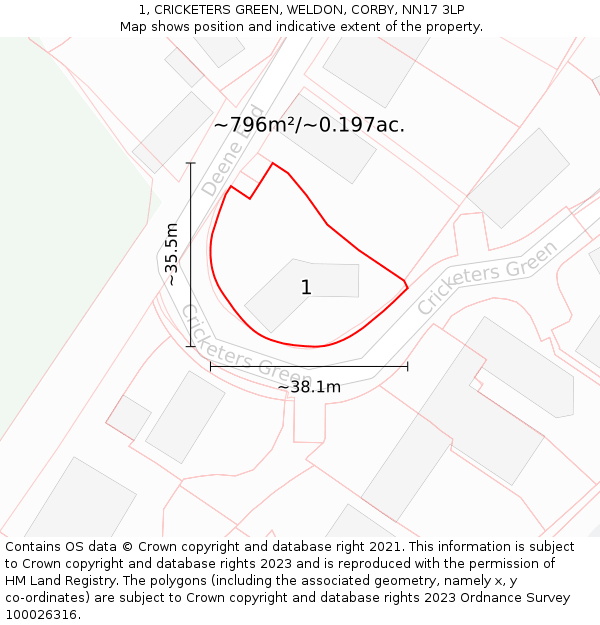 1, CRICKETERS GREEN, WELDON, CORBY, NN17 3LP: Plot and title map