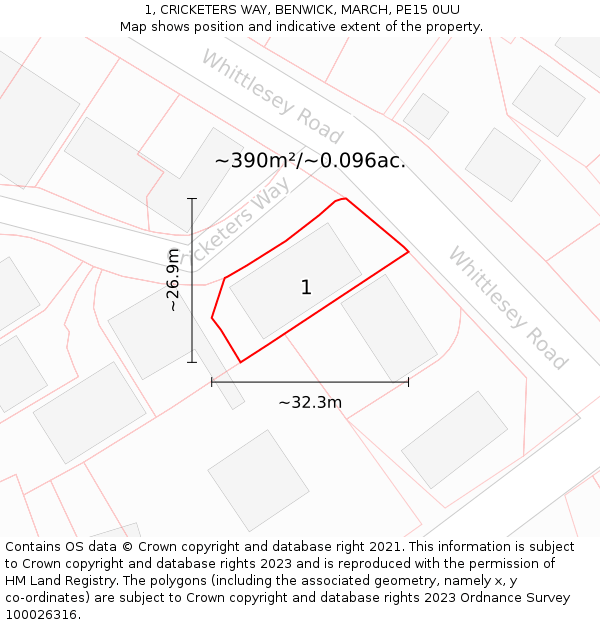 1, CRICKETERS WAY, BENWICK, MARCH, PE15 0UU: Plot and title map