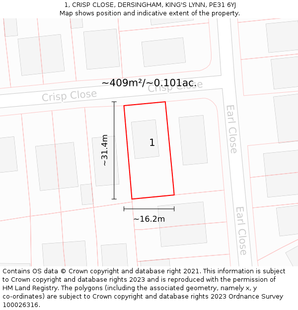 1, CRISP CLOSE, DERSINGHAM, KING'S LYNN, PE31 6YJ: Plot and title map