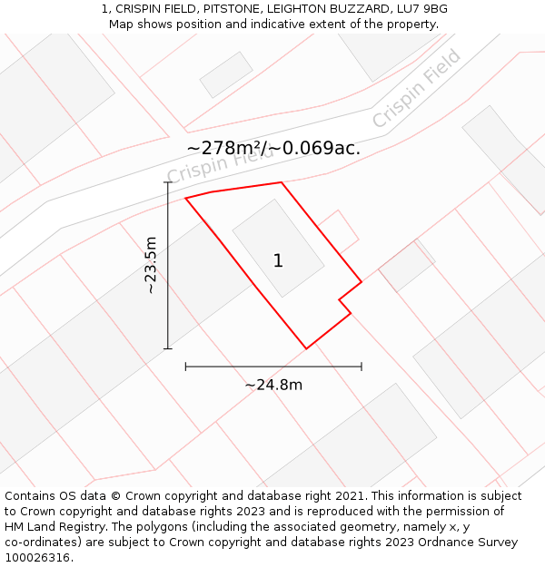 1, CRISPIN FIELD, PITSTONE, LEIGHTON BUZZARD, LU7 9BG: Plot and title map