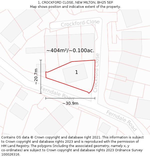 1, CROCKFORD CLOSE, NEW MILTON, BH25 5EP: Plot and title map