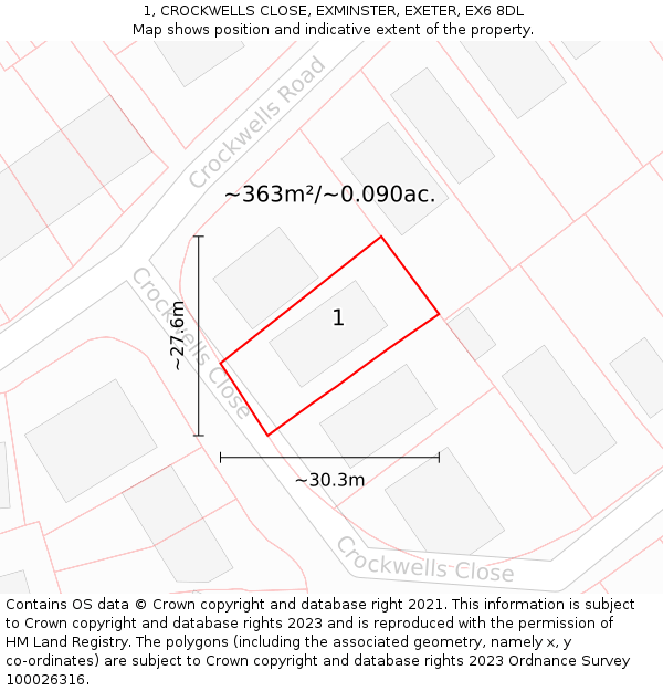 1, CROCKWELLS CLOSE, EXMINSTER, EXETER, EX6 8DL: Plot and title map