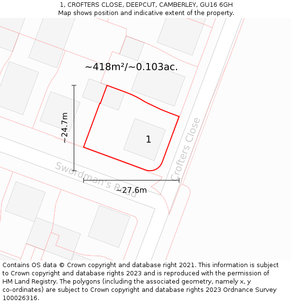 1, CROFTERS CLOSE, DEEPCUT, CAMBERLEY, GU16 6GH: Plot and title map