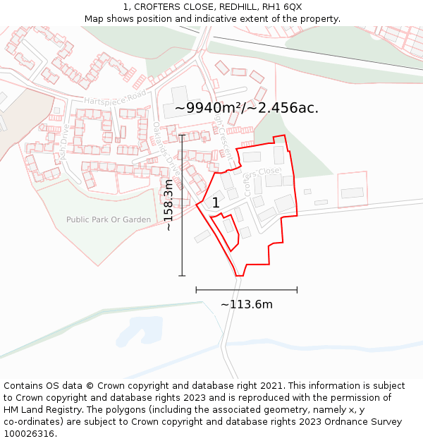 1, CROFTERS CLOSE, REDHILL, RH1 6QX: Plot and title map