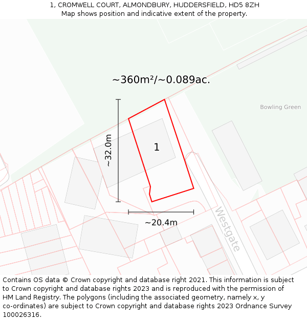 1, CROMWELL COURT, ALMONDBURY, HUDDERSFIELD, HD5 8ZH: Plot and title map