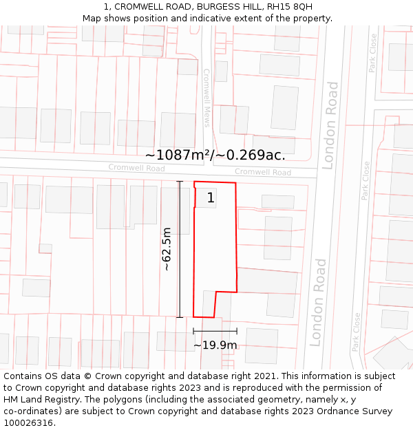 1, CROMWELL ROAD, BURGESS HILL, RH15 8QH: Plot and title map