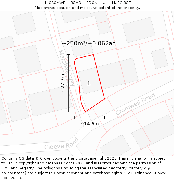 1, CROMWELL ROAD, HEDON, HULL, HU12 8GF: Plot and title map