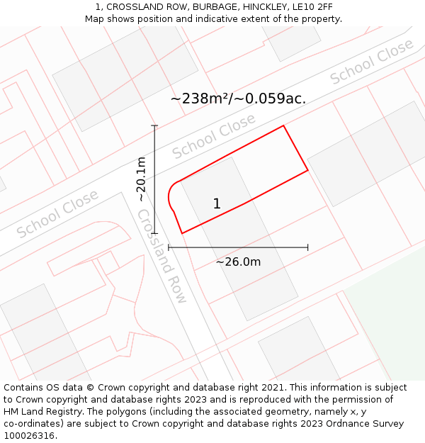 1, CROSSLAND ROW, BURBAGE, HINCKLEY, LE10 2FF: Plot and title map