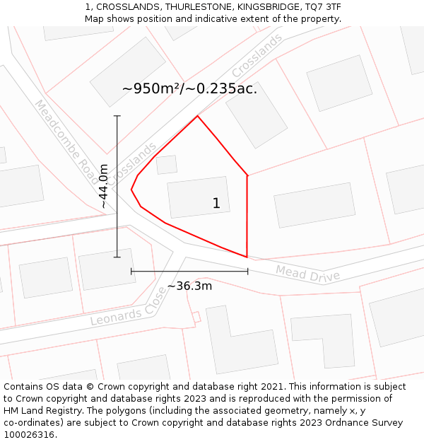 1, CROSSLANDS, THURLESTONE, KINGSBRIDGE, TQ7 3TF: Plot and title map