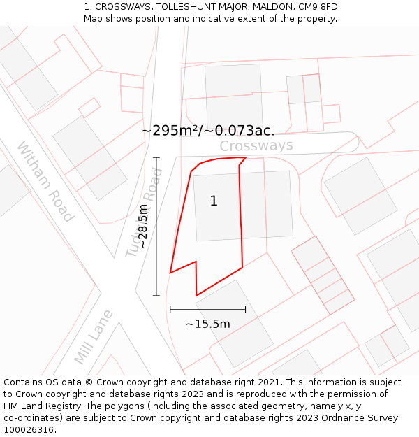 1, CROSSWAYS, TOLLESHUNT MAJOR, MALDON, CM9 8FD: Plot and title map