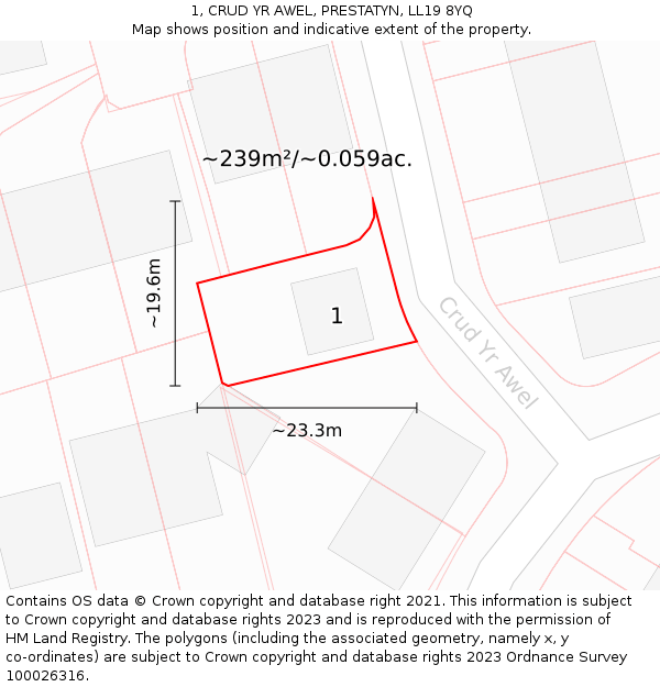 1, CRUD YR AWEL, PRESTATYN, LL19 8YQ: Plot and title map