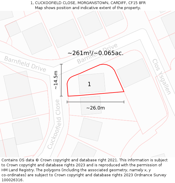 1, CUCKOOFIELD CLOSE, MORGANSTOWN, CARDIFF, CF15 8FR: Plot and title map