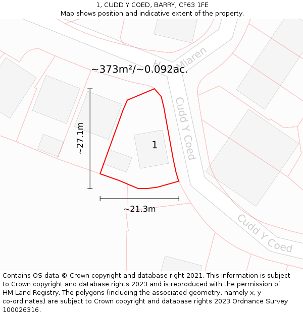 1, CUDD Y COED, BARRY, CF63 1FE: Plot and title map