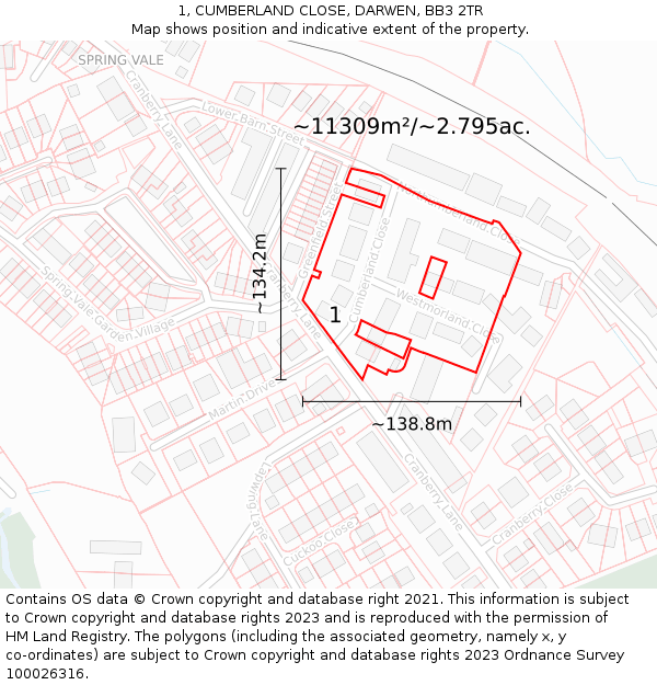 1, CUMBERLAND CLOSE, DARWEN, BB3 2TR: Plot and title map