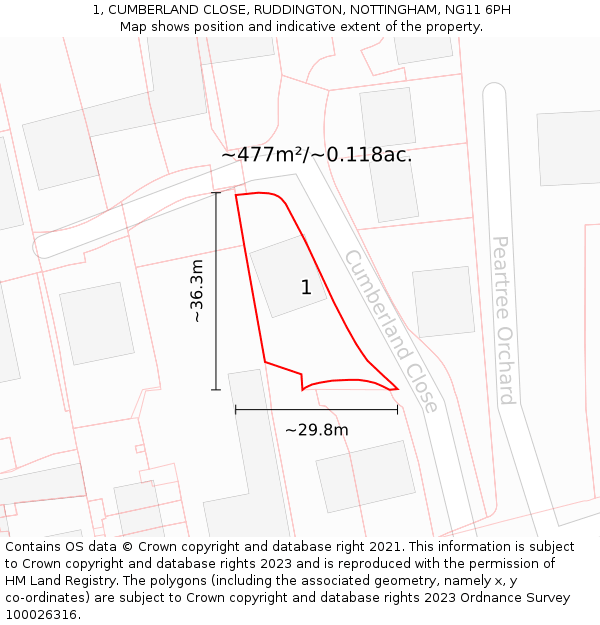 1, CUMBERLAND CLOSE, RUDDINGTON, NOTTINGHAM, NG11 6PH: Plot and title map