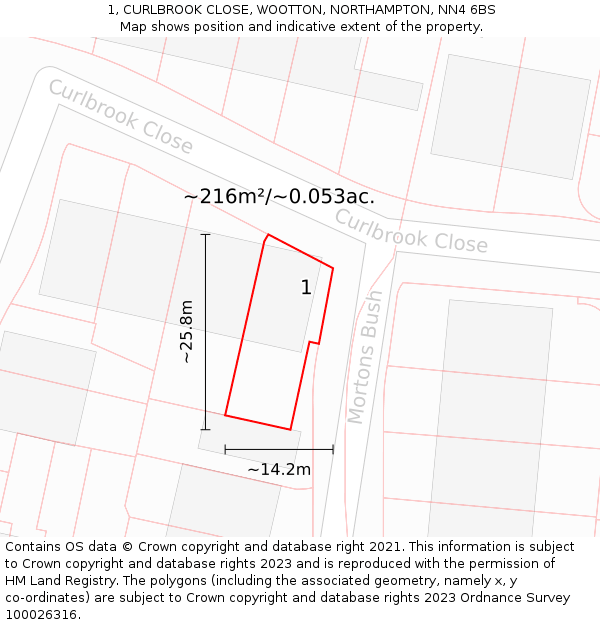 1, CURLBROOK CLOSE, WOOTTON, NORTHAMPTON, NN4 6BS: Plot and title map