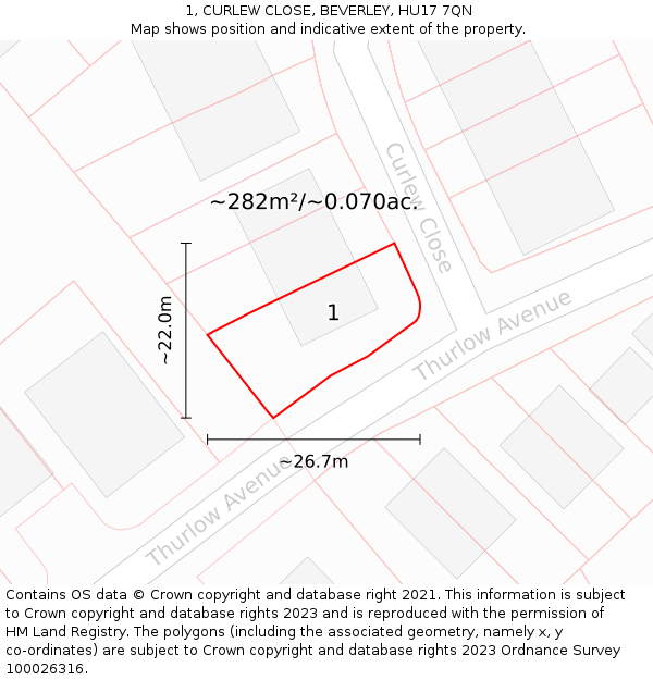 1, CURLEW CLOSE, BEVERLEY, HU17 7QN: Plot and title map