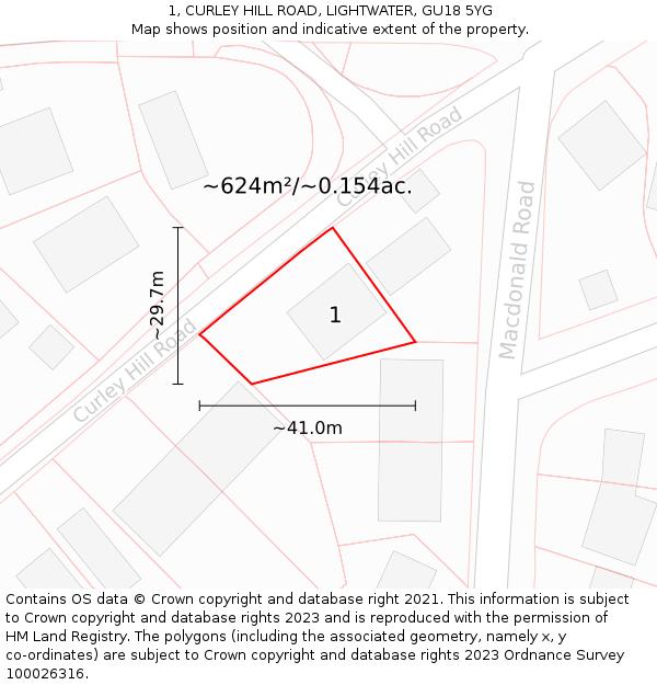 1, CURLEY HILL ROAD, LIGHTWATER, GU18 5YG: Plot and title map