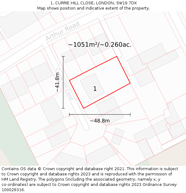1, CURRIE HILL CLOSE, LONDON, SW19 7DX: Plot and title map
