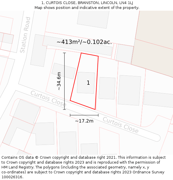 1, CURTOIS CLOSE, BRANSTON, LINCOLN, LN4 1LJ: Plot and title map