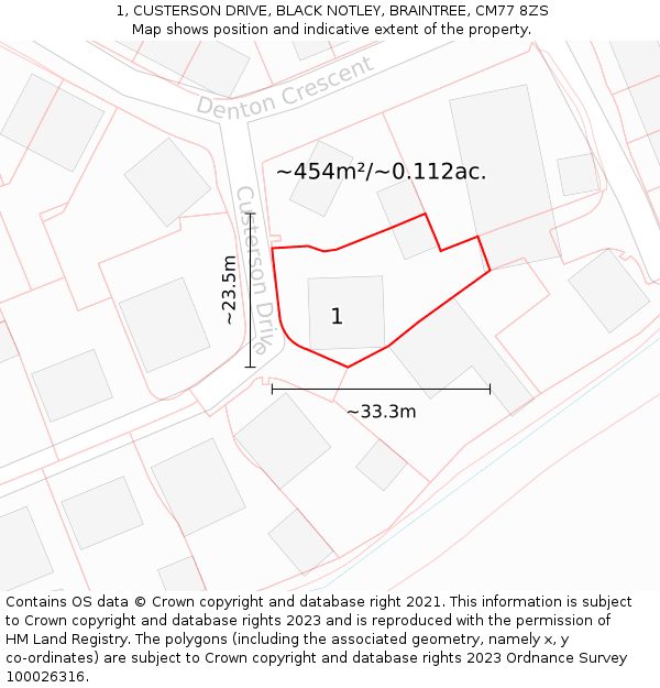 1, CUSTERSON DRIVE, BLACK NOTLEY, BRAINTREE, CM77 8ZS: Plot and title map