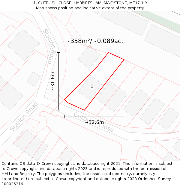 1, CUTBUSH CLOSE, HARRIETSHAM, MAIDSTONE, ME17 1LY: Plot and title map