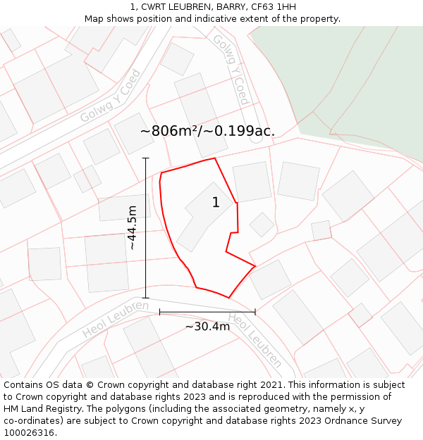 1, CWRT LEUBREN, BARRY, CF63 1HH: Plot and title map