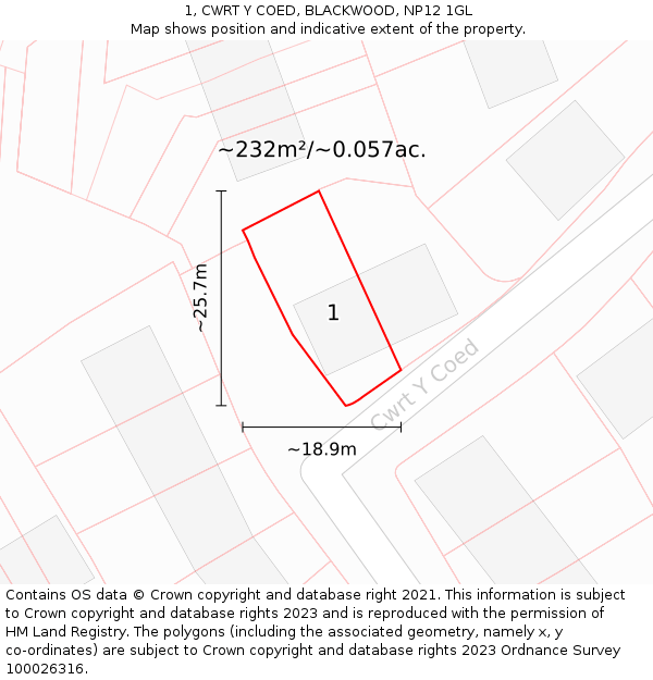 1, CWRT Y COED, BLACKWOOD, NP12 1GL: Plot and title map