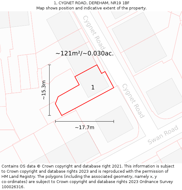 1, CYGNET ROAD, DEREHAM, NR19 1BF: Plot and title map