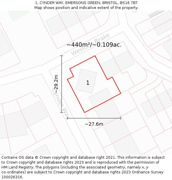 1, CYNDER WAY, EMERSONS GREEN, BRISTOL, BS16 7BT: Plot and title map