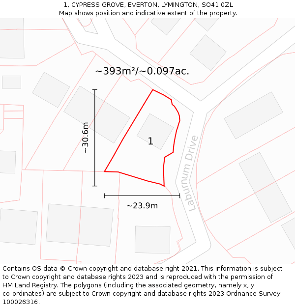 1, CYPRESS GROVE, EVERTON, LYMINGTON, SO41 0ZL: Plot and title map