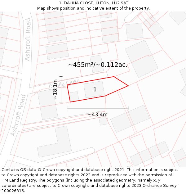 1, DAHLIA CLOSE, LUTON, LU2 9AT: Plot and title map