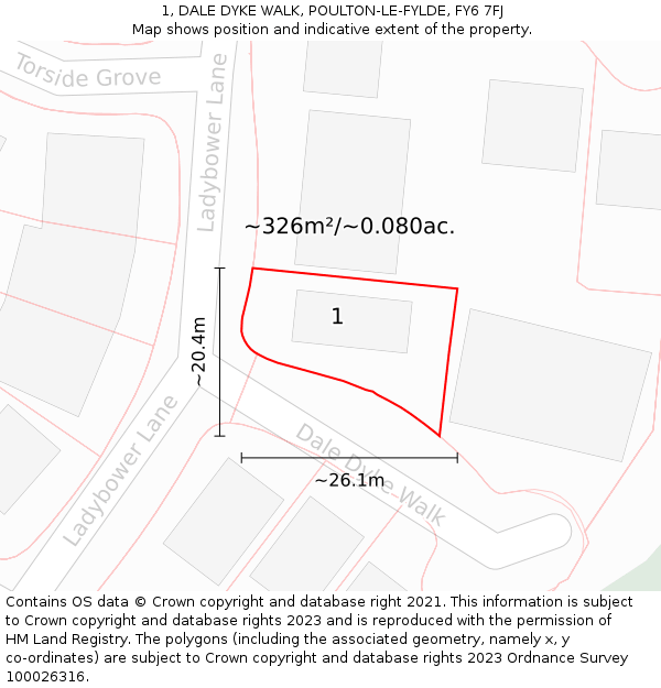 1, DALE DYKE WALK, POULTON-LE-FYLDE, FY6 7FJ: Plot and title map