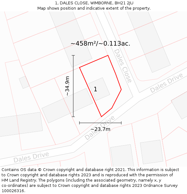 1, DALES CLOSE, WIMBORNE, BH21 2JU: Plot and title map