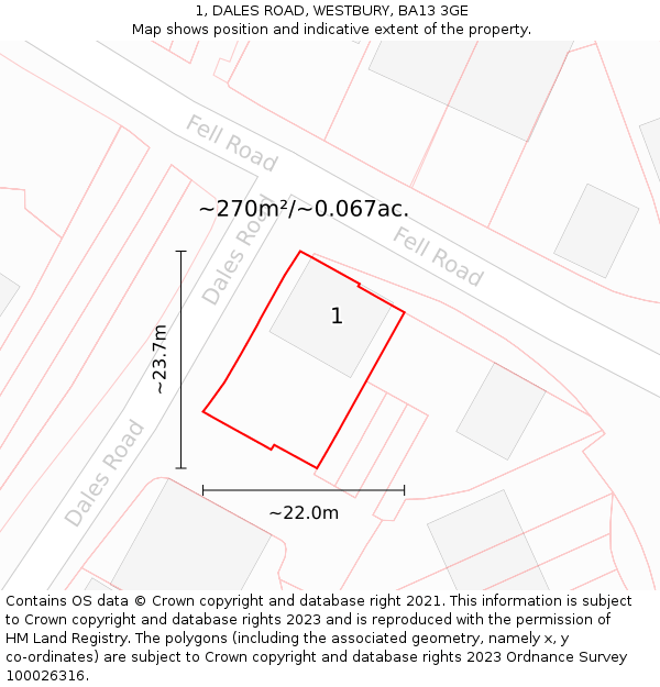 1, DALES ROAD, WESTBURY, BA13 3GE: Plot and title map